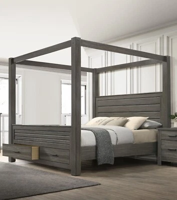 1Pc Gray Queen Canopy Bed Storage Footboard Luxurious Bedroom Furniture - Image 1 of 3