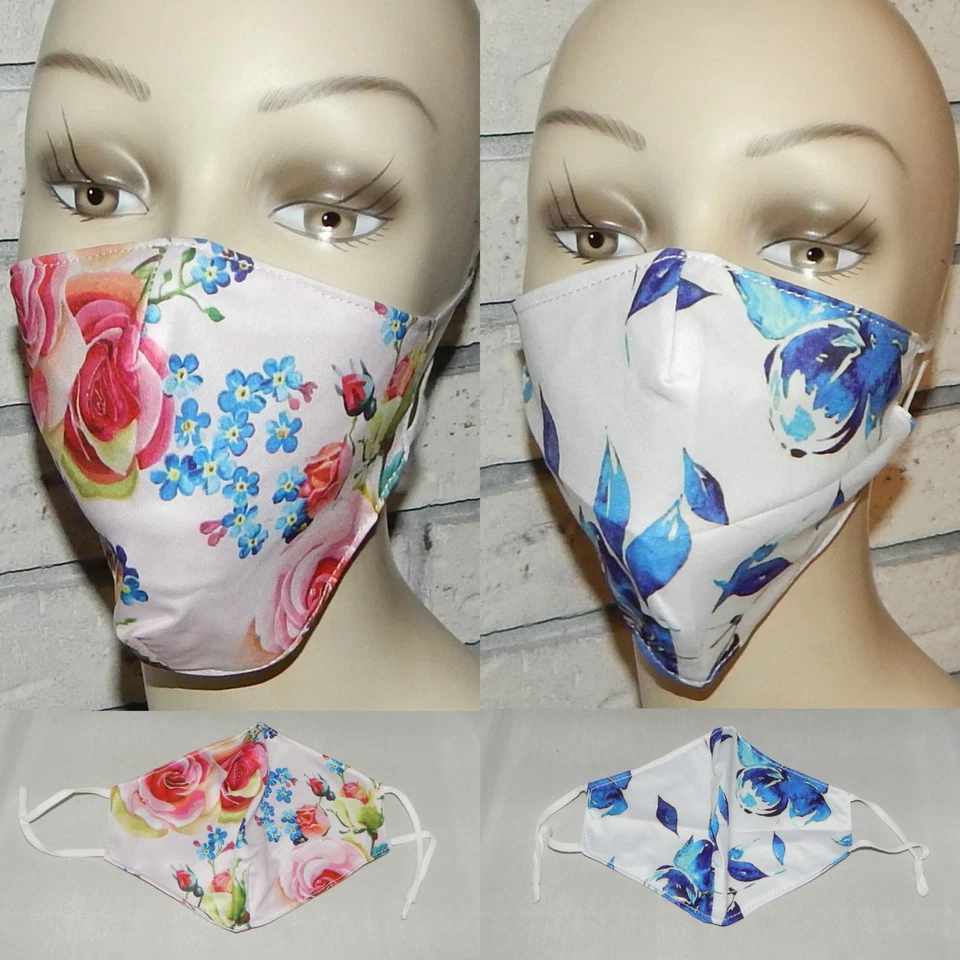 LOT OF 2 ARTISTIC PINK BLUE FLOWERS WASHABLE COTTON ADJUSTABLE FACE MASK INDIANA - Image 1 of 1