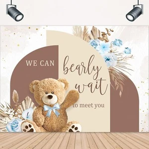 Bear Baby Shower Backdrop 8Wx6H Feet for We Can Bearly Wait Cute Blue Brown F... - Picture 1 of 5