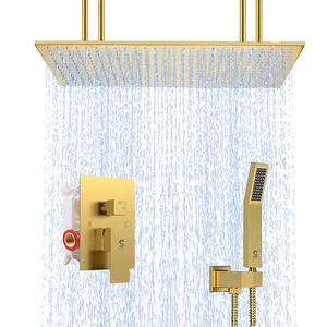 LED 16x32-inch Brushed Gold Luxury Ceiling Rainfall Shower Head Set w/ Handheld - Picture 1 of 7
