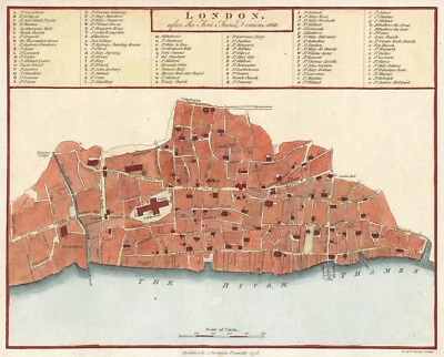 Mapa "Londres después del incendio Anno Domini 1666" (Ciudad de Londres) J. P. Neale, 1796 Foto 1 de 4
