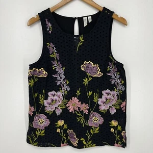 Meadow Rue by Anthropologie Tank Top Women's M Black Floral Embroidered - Picture 1 of 9