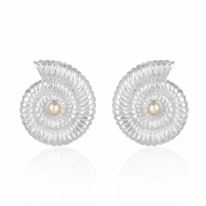 Spiral Shell Design Sterling Silver Natural Pearl Gemstone Stud Earrings - Picture 1 of 3