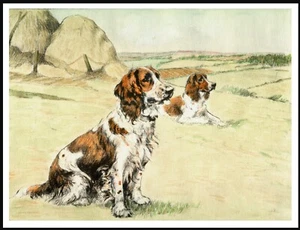 WELSH SPRINGER SPANIEL DOGS WAITING LOVELY VINTAGE STYLE DOG ART PRINT POSTER - Picture 1 of 1