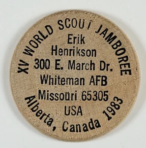 Wooden Nickel - Boy Scouts XV World Scout Jamboree Alberta Canada 1983 - Picture 1 of 3