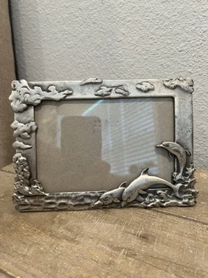"Marco de fotos de delfines 3D de metal tono plateado vida marina costera playa decoración 5x7""" Foto 1 de 4