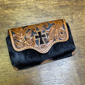 Vintage Leather Cellphone Case Hand Tooled Calf Hair Clip On Cross Design Y2K - Picture 1 of 13