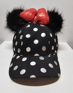 Disney Parks Minnie Mouse Polka Dot Sparkly Bow Poof Ears Hat Adjustable Cap - Picture 1 of 9