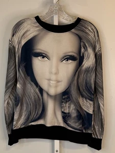 Barbie Forever 21 Sweatshirt S Black White  Face Graphic Barbiecore 2014 Collab - Picture 1 of 8
