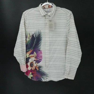 Tommy Bahama Shirt Mens Medium White Gray Stripe IslandZone Linen Blend Vacation - Image 1 of 4