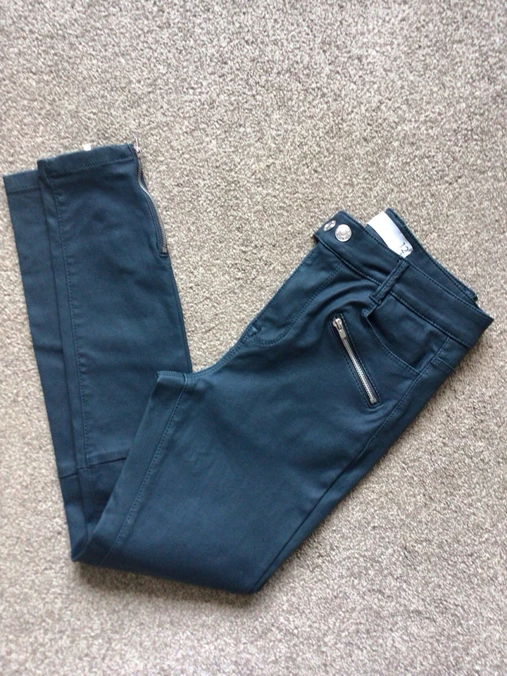NEXT PETITE BOTTLE GREEN SKINNY HIGH RISE FAUX LEATHER TROUSERS ZIP CUFFSIZE 12  - Image 1 of 4