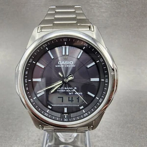 Casio Wave Ceptor Watch Men 42mm Black Dial Steel Solar Analog Digital Works - Picture 1 of 11