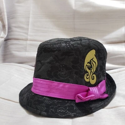 Ever After High Black Fedora Hat Floral Print Purple Satin Band Gold Patch Youth - Image 1 of 4