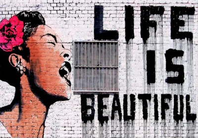 BANKSY FRAMED CANVAS STREET GRAFFITI PAINTING ART PRINT FRIDA LIFE IS BEAUTIFUL - image 1 of 3