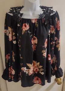 ÚNICA TUYA; Blusa/Top Floral Mangas Largas Negra/Rosa Mangas Largas L; Nueva con Etiquetas - Imagen 1 de 24