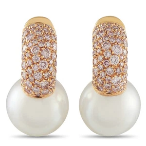 Mikimoto Oceanine 18K Yellow Gold 1.86 ct Pink Diamond and Pearl Earrings - Picture 1 of 4