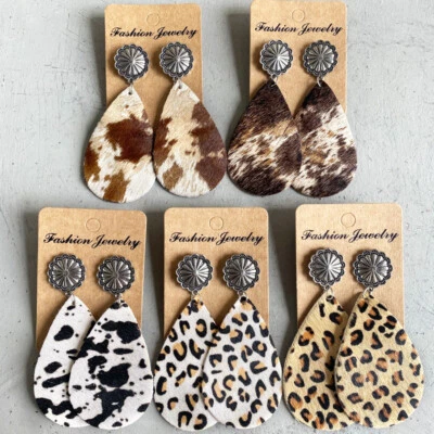 Textured Silver Navaj Teardrop Cheetah Leopard Hairy Genuine Leather Earrings - Изображение 1 из 4