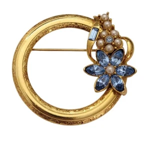 Vintage Gold Tone Open Round Blue Rhinestone Faux Pearl Flower Brooch Pin E631 - Picture 1 of 10