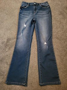 Girls Calvin Klein High Rise Flare Destructed Dark Stretch Blue Jeans Size 16 - Picture 1 of 4