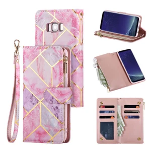 For Samsung S24 S21 S20 FE A15 A55 Marble Leather Case Zipper Card Wallet Cover - Picture 1 of 14