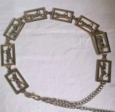 Chain Belt Leopards Silver Tone Rectangular Metal Links 42" Vintage 90s Signed - Image 1 of 4