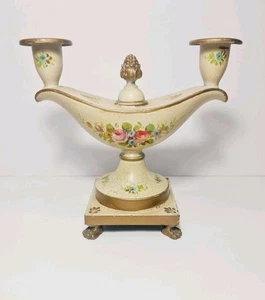 Antique/Vintage Brass & Metal Hand Painted 2-Branch Candlestick on Lion Paw Feet - Picture 1 of 24