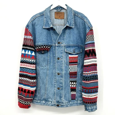 Vintage Denim Patchwork Jacket Coat Size L XL Streetwear Hip Hop Y2K Grunge - Image 1 of 4