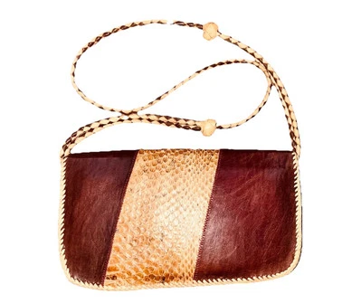 Cartera de Colección Años 80 100% Cuero Bolso sin asas Plegable Solapa Marrón Tostado Acento Piel de Serpiente Foto 1 de 4