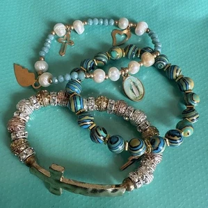 Three Gold Turquoise toned, inspirational and religious Cross bracelets - Picture 1 of 5