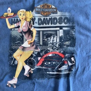Harley Davidson T Shirt 2XL Retro Pinup Girl Biker Babe Carhop Ohio Blue - Picture 1 of 10