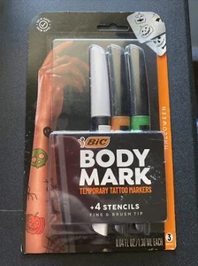 BodyMark Temporary Tattoo Marker Bic New + 4 Stencils Halloween Skin Safe - Picture 1 of 2