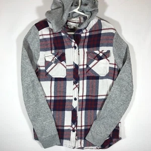 Full Tilt Hoodie Girl's Medium Red Plaid Contrast Gray Long Sleeve Flannel - Picture 1 of 7