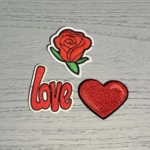 Lot Of 3 Red Iron-On Embroidery Patches Heart Love Rose - Picture 1 of 4