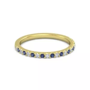 925 Sterling Silver Round 0.58 Ctw Blue Sapphire Eternity Gold Plated Women Ring - Picture 1 of 7