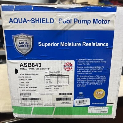Aqua Shield 2 HP Pool Pump Motor US Motors ASB843 208-230 V 3450 Rpm EB843 - Image 1 of 4