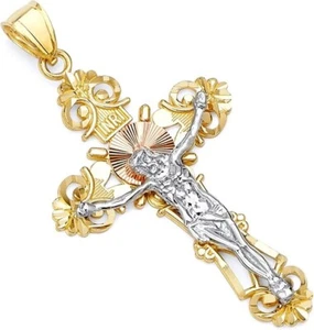Genuine 14K Yellow Rose White Gold Tri-Color Cross Jesus Crucifix Charm Pendant - Picture 1 of 3