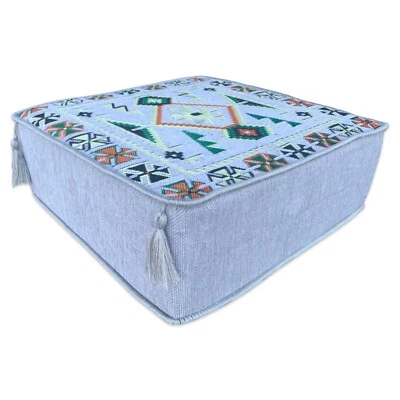 Large Grey Moroccan-Style Square Bohemian Kilim Pouffe Cover Foot Stool Ottoman - Image 1 of 4