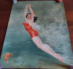 Vintage 1950s Walt Otto Swimming Girl Burnette Goldfish Pin-Up Poster 16x20 - Picture 1 of 5