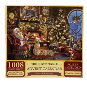 Advent Calendar Jigsaw Puzzle Merry Christmas Poster Cartoon Santa With Dog - Picture 1 of 6