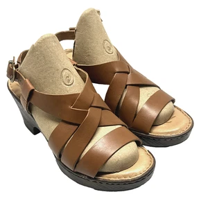 Geboren hellbraune klobige Leder-Riemchensandalen Damengröße 8M Blockabsatz Schuhe F22806 - Bild 1 von 16