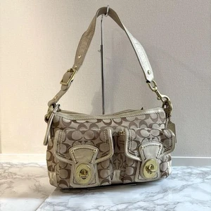 COACH Signature Legacy Turnlock Shoulder Bag Gold Beige F/S Used 678 - Picture 1 of 9