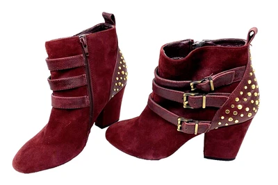 Jessica Simpson Ankle Boots Red Suede Leather Size 8B / 38 w Gold Rivet Straps - Image 1 of 4