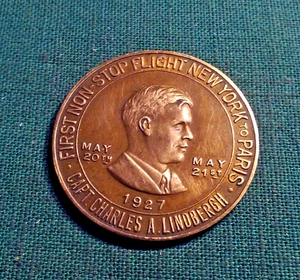 1927 LUCKY LINDBERGH COIN Token NEW YORK TO PARIS SPIRIT OF ST LOUIS Bronze 1"+ - Picture 1 of 3