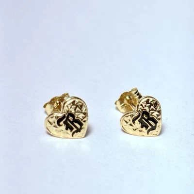 14K Yellow Gold Enamel Old English "B" Letter Heart Stud Earrings 0.77g - Image 1 of 4