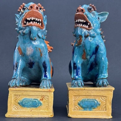Nice Pair Qing Chinese Sancai Multi Color Glaze Foo Dogs Guardian Lion Statues - Image 1 of 4