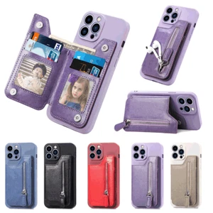 for iPhone 13 12 15 Pro Max 11 XR 7 8 6 Flip Zip Case Stand Leather Wallet Cover - Picture 1 of 17