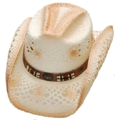 NEW! WESTERN RAFFIA STRAW HAT with Hat Band Size  (S/M L/XL) - Peach Light Brown — 第 1/2 张图片