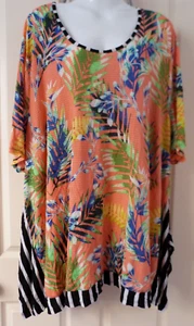 TS Size L Bold Stretchy Multicoloured Orange Tropical Print Tunic Top Wide Hem - Picture 1 of 11
