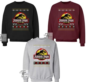 CHRISTMAS JUMPER X MAS JURASSIC PARK FUNNY DINOSAUR TRENDY UNISEX COTTON SWEAT - Picture 1 of 1
