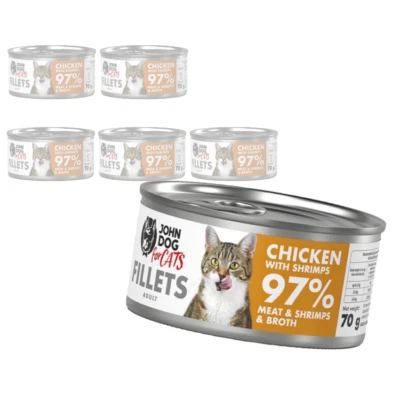 JOHN DOG FOR CATS John Dog für Katzen Feuchtfutter für erwachsene Katzen Huhn mit Garnelen 6x70g